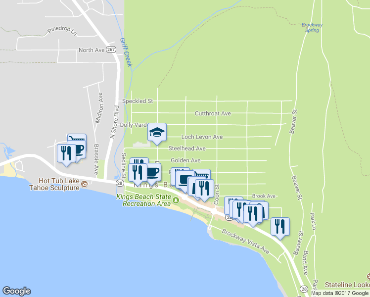 map of restaurants, bars, coffee shops, grocery stores, and more near Steelhead Ave & Bear St in Kings Beach