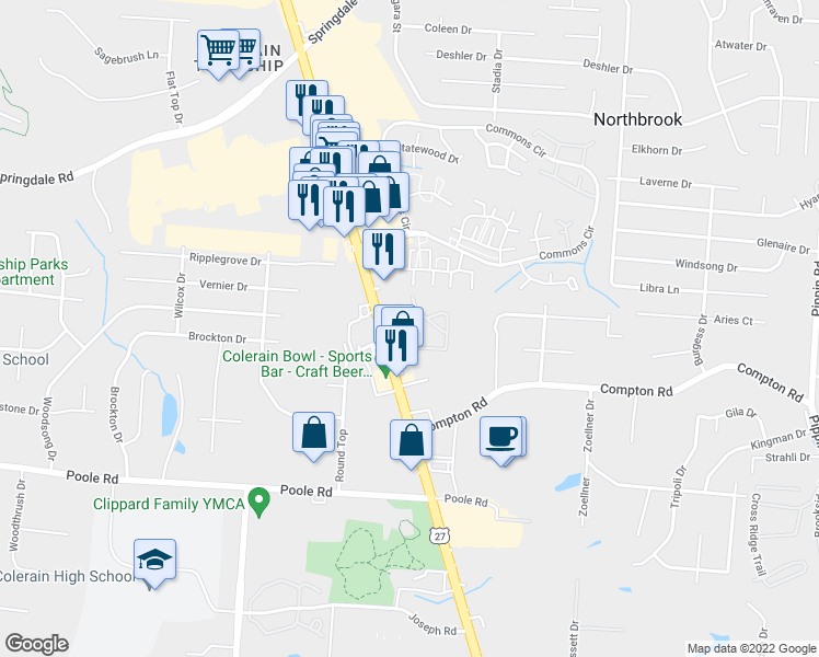 map of restaurants, bars, coffee shops, grocery stores, and more near 9355 Round Top in Cincinnati