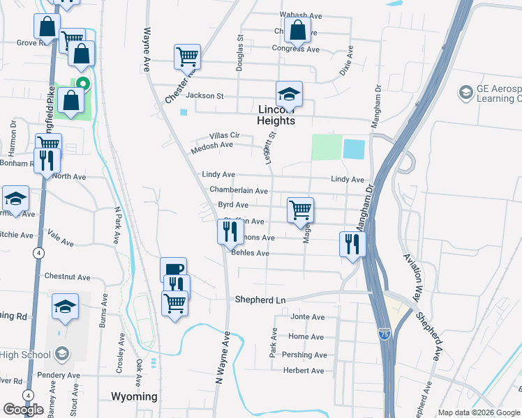 map of restaurants, bars, coffee shops, grocery stores, and more near 1033 Byrd Avenue in Cincinnati