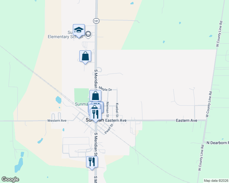 map of restaurants, bars, coffee shops, grocery stores, and more near 226 Maple Drive in Sunman