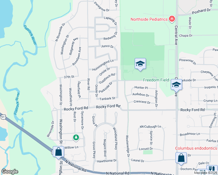 map of restaurants, bars, coffee shops, grocery stores, and more near 1031 Parkside Drive in Columbus