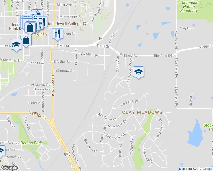 map of restaurants, bars, coffee shops, grocery stores, and more near 452 Spring Avenue in Liberty