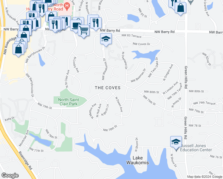 map of restaurants, bars, coffee shops, grocery stores, and more near 7853 North Dawn Avenue in Kansas City