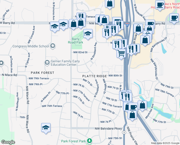 map of restaurants, bars, coffee shops, grocery stores, and more near 8020 North Stoddard Avenue in Kansas City