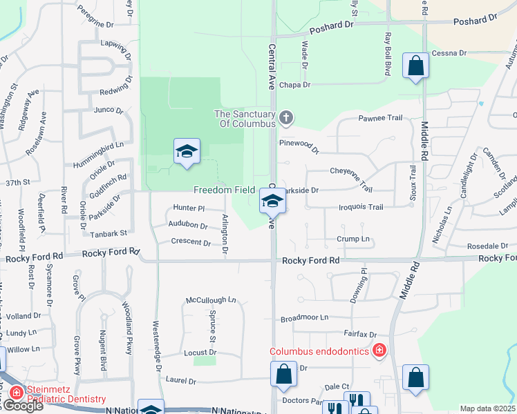 map of restaurants, bars, coffee shops, grocery stores, and more near 3660 Central Avenue in Columbus