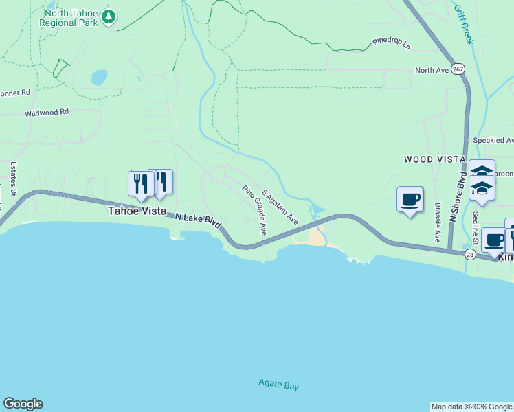 map of restaurants, bars, coffee shops, grocery stores, and more near 312 Snowflake Avenue in Tahoe Vista