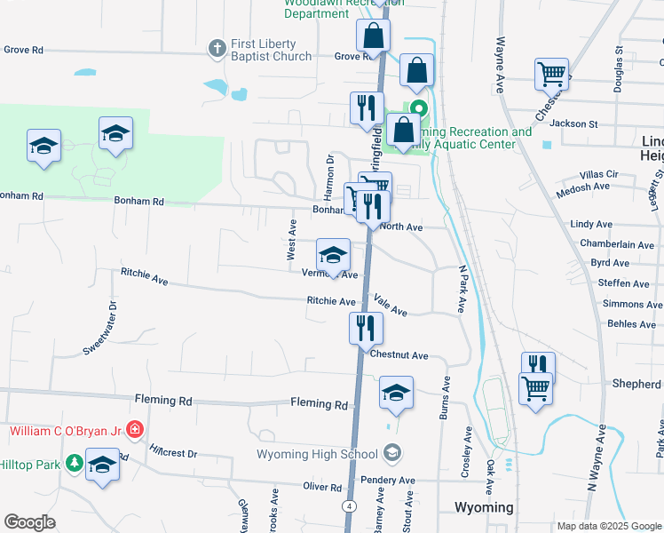 map of restaurants, bars, coffee shops, grocery stores, and more near 30 Vermont Avenue in Wyoming