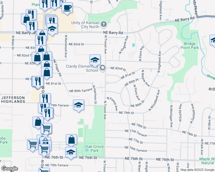 map of restaurants, bars, coffee shops, grocery stores, and more near 1207 Northeast 81st Street in Kansas City