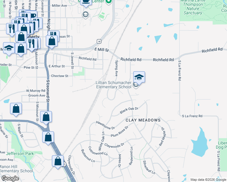 map of restaurants, bars, coffee shops, grocery stores, and more near 821 Spring Court in Liberty