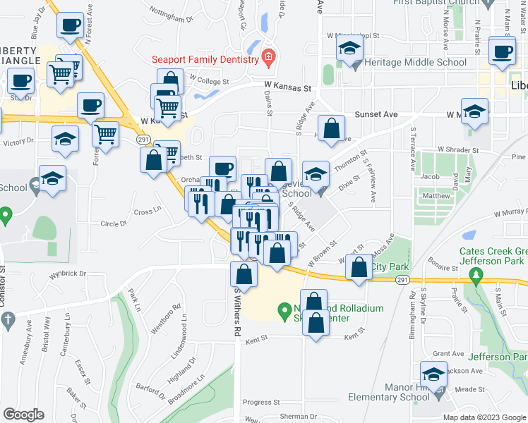 map of restaurants, bars, coffee shops, grocery stores, and more near 902 Liberty Drive in Liberty
