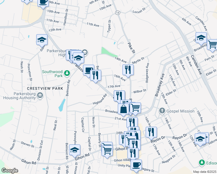 map of restaurants, bars, coffee shops, grocery stores, and more near 2620 17th Ave in Parkersburg