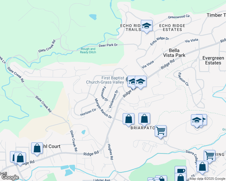 map of restaurants, bars, coffee shops, grocery stores, and more near 348 Horizon Circle in Grass Valley