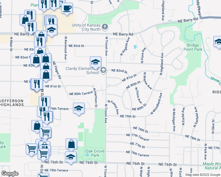 map of restaurants, bars, coffee shops, grocery stores, and more near 1207 Northeast 81st Street in Kansas City