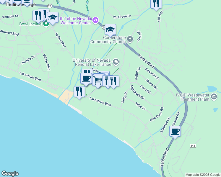 map of restaurants, bars, coffee shops, grocery stores, and more near 120 Country Club Drive in Incline Village