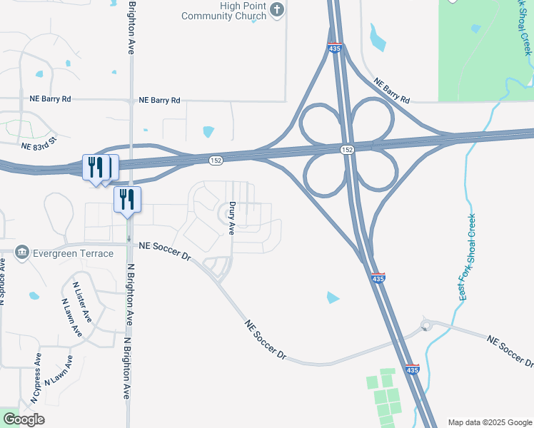 map of restaurants, bars, coffee shops, grocery stores, and more near 5741 Northeast 80th Terrace in Kansas City