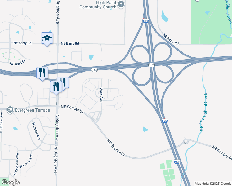 map of restaurants, bars, coffee shops, grocery stores, and more near 5741 Northeast 80th Terrace in Kansas City