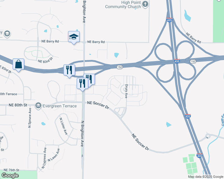 map of restaurants, bars, coffee shops, grocery stores, and more near 8111 North Denver Avenue in Kansas City