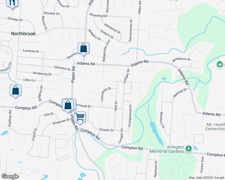 map of restaurants, bars, coffee shops, grocery stores, and more near 9340 Comstock Drive in Cincinnati