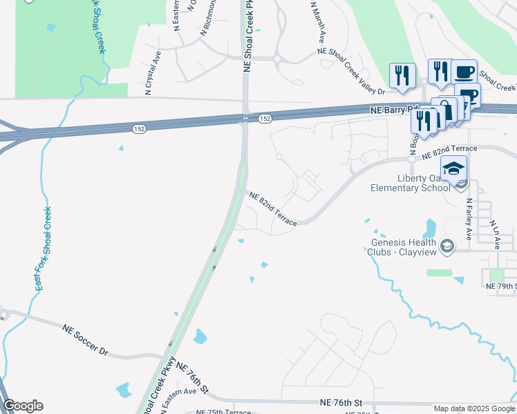 map of restaurants, bars, coffee shops, grocery stores, and more near 8200 North Tullis Avenue in Kansas City
