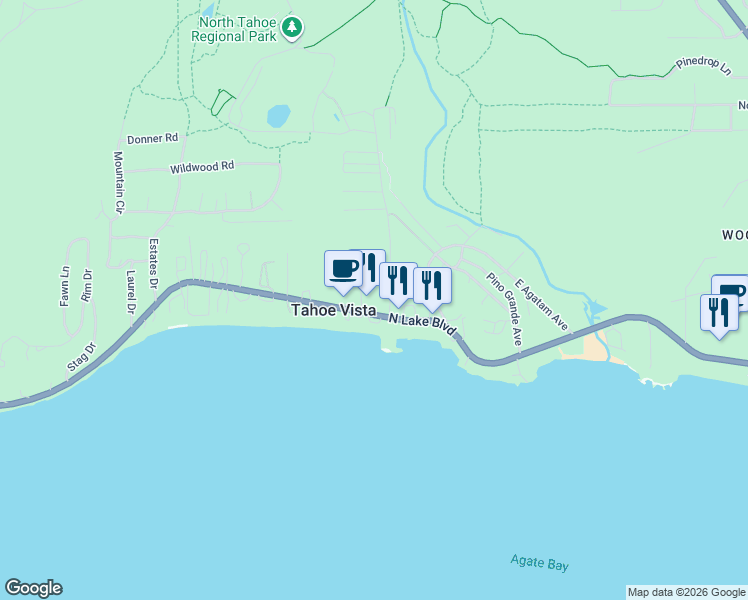 map of restaurants, bars, coffee shops, grocery stores, and more near 6943 North Lake Boulevard in Tahoe Vista