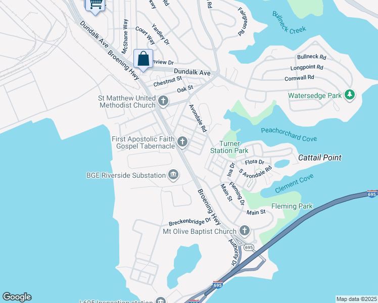 map of restaurants, bars, coffee shops, grocery stores, and more near 222 Balnew Avenue in Dundalk