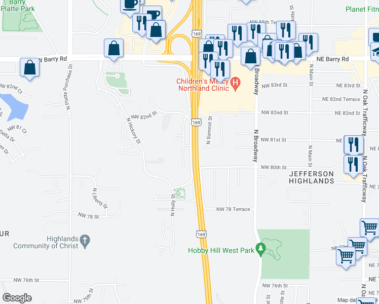 map of restaurants, bars, coffee shops, grocery stores, and more near 8036 North Thomas Meyers Drive in Kansas City