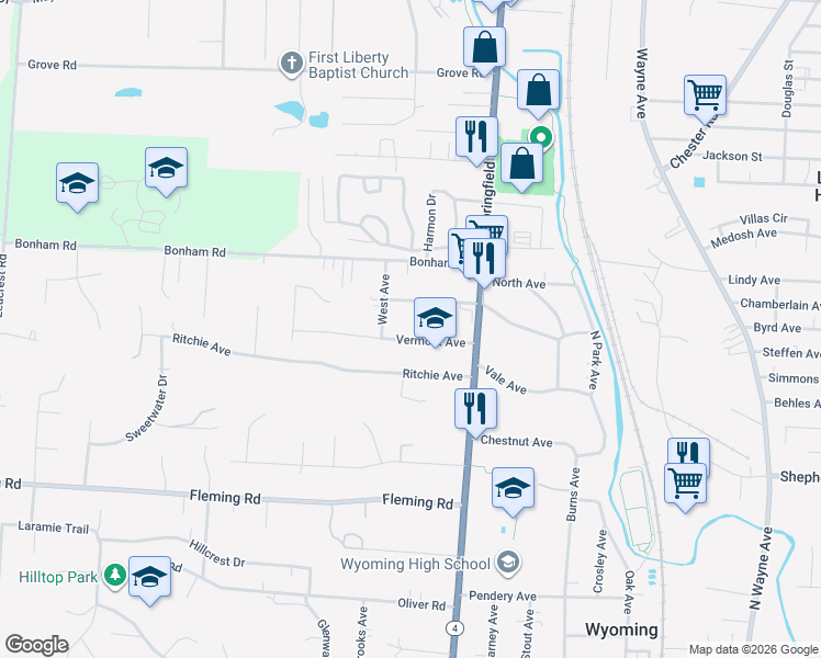map of restaurants, bars, coffee shops, grocery stores, and more near 46 Vermont Avenue in Cincinnati