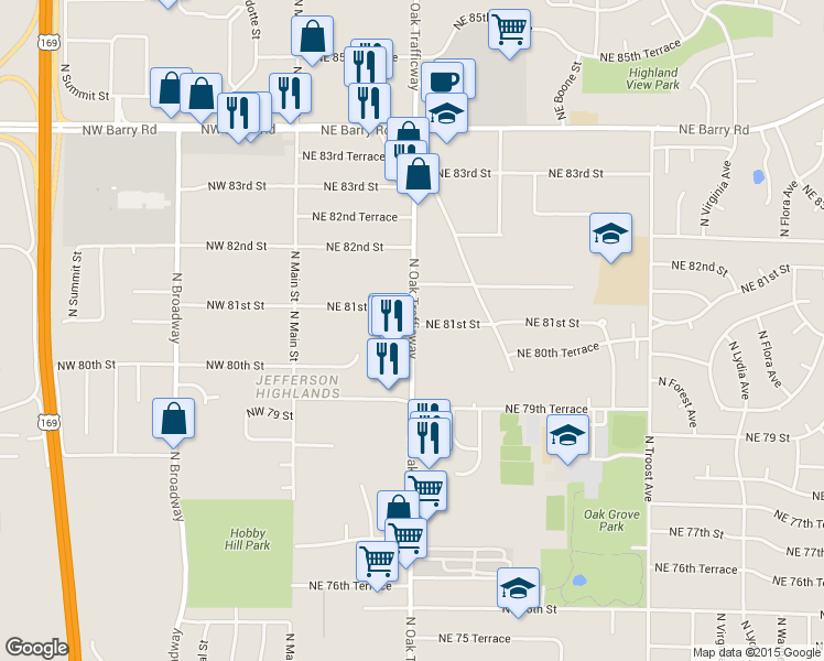 map of restaurants, bars, coffee shops, grocery stores, and more near 8046 North Oak Trafficway in Kansas City