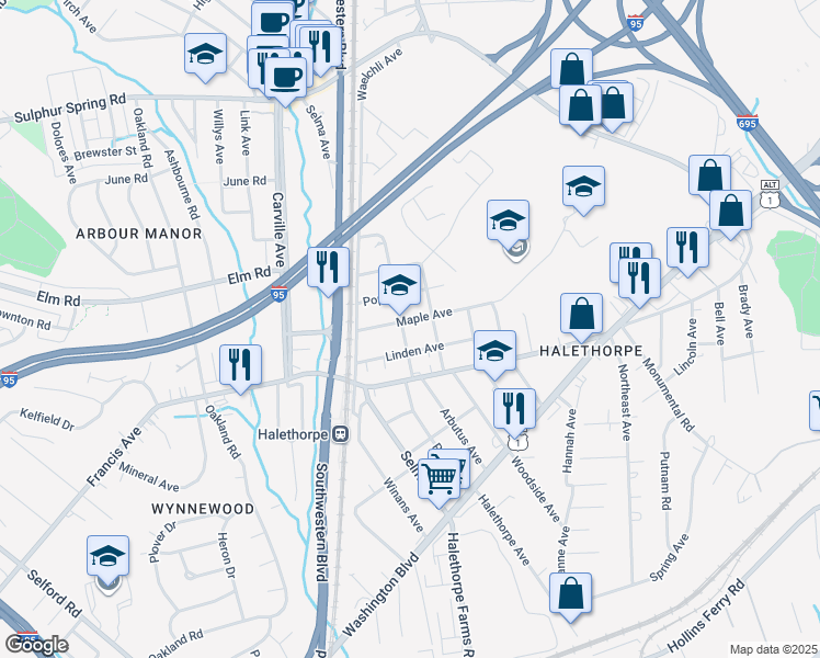 map of restaurants, bars, coffee shops, grocery stores, and more near 4509 Maple Avenue in Halethorpe