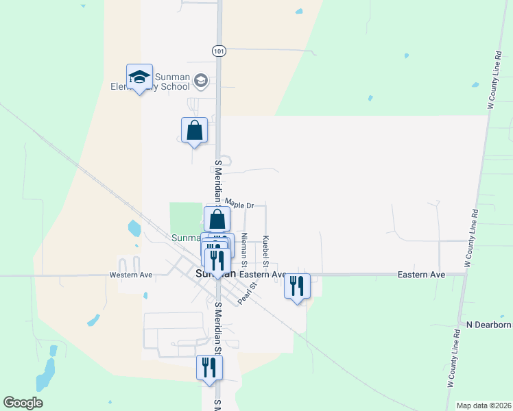 map of restaurants, bars, coffee shops, grocery stores, and more near 226 Maple Dr in Sunman
