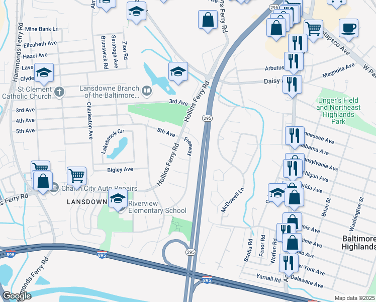 map of restaurants, bars, coffee shops, grocery stores, and more near 2952 Freeway in Baltimore County