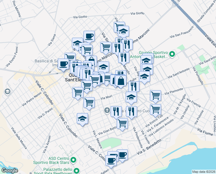 map of restaurants, bars, coffee shops, grocery stores, and more near 134 Via Vittorio Emanuele in Quartu Sant'Elena