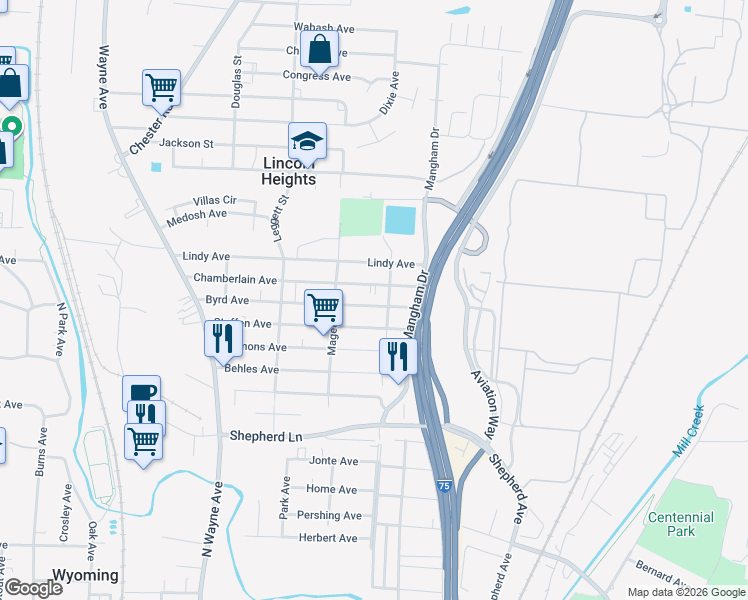 map of restaurants, bars, coffee shops, grocery stores, and more near 1385 Byrd Avenue in Cincinnati
