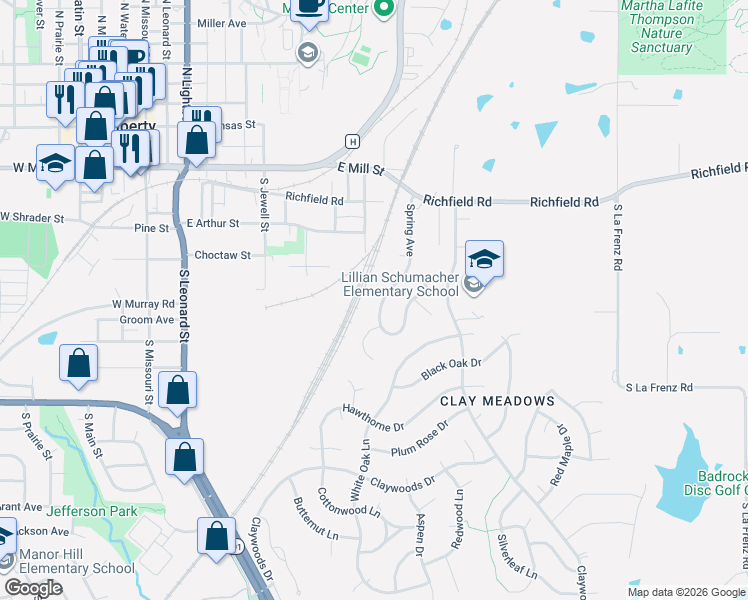 map of restaurants, bars, coffee shops, grocery stores, and more near 452 Spring Avenue in Liberty