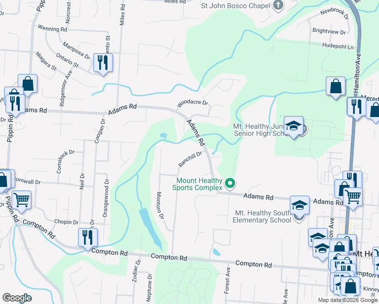 map of restaurants, bars, coffee shops, grocery stores, and more near 9374 Ranchill Drive in Cincinnati