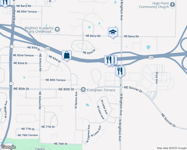 map of restaurants, bars, coffee shops, grocery stores, and more near 8033 North Elmwood Avenue in Kansas City