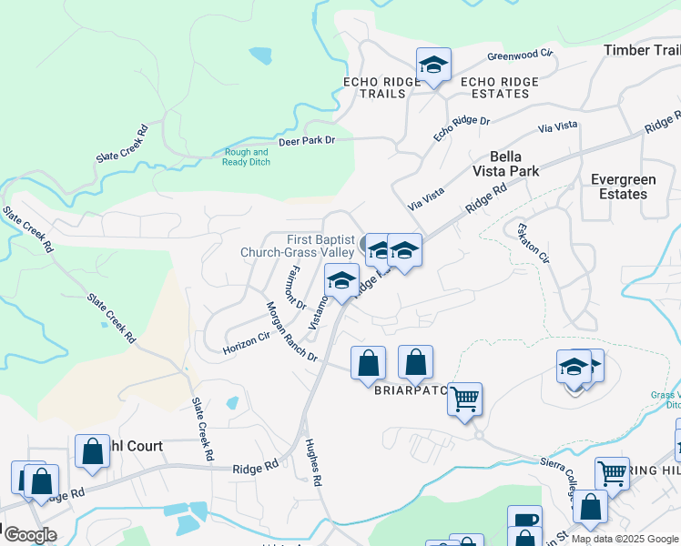 map of restaurants, bars, coffee shops, grocery stores, and more near 350 Vistamont Drive in Grass Valley