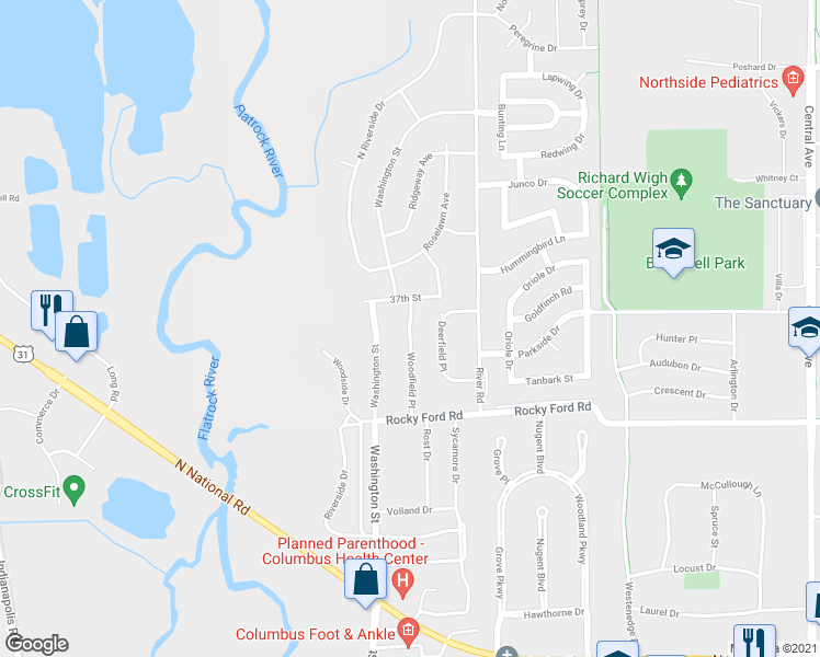 map of restaurants, bars, coffee shops, grocery stores, and more near 3550 Woodfield Pl in Columbus