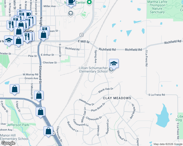 map of restaurants, bars, coffee shops, grocery stores, and more near 452 Spring Avenue in Liberty