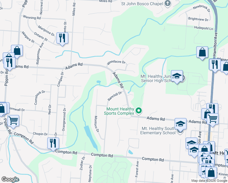 map of restaurants, bars, coffee shops, grocery stores, and more near 9374 Ranchill Drive in Cincinnati