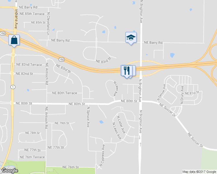 map of restaurants, bars, coffee shops, grocery stores, and more near 8033 North Elmwood Avenue in Kansas City