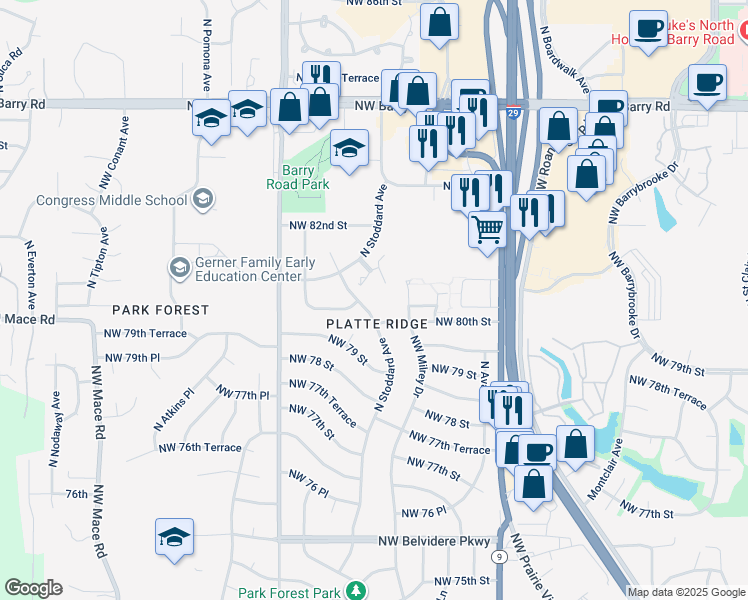 map of restaurants, bars, coffee shops, grocery stores, and more near 8020 North Stoddard Avenue in Kansas City