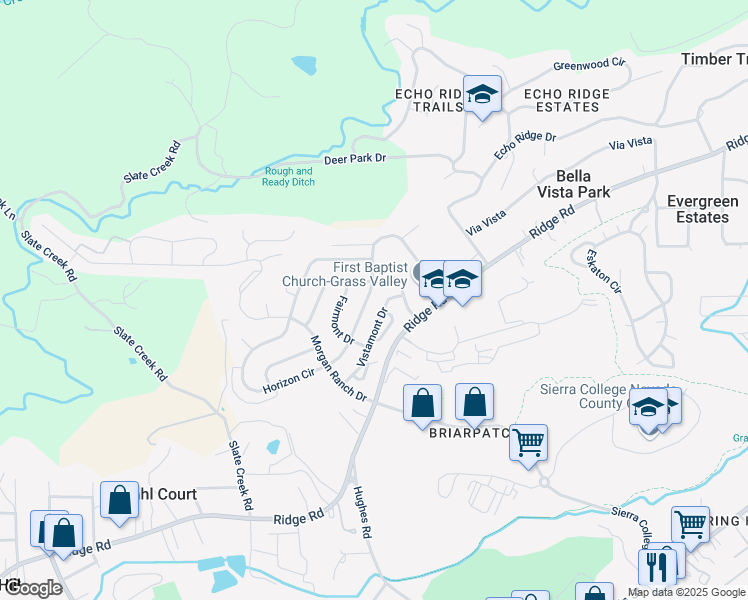 map of restaurants, bars, coffee shops, grocery stores, and more near 356 Horizon Circle in Grass Valley