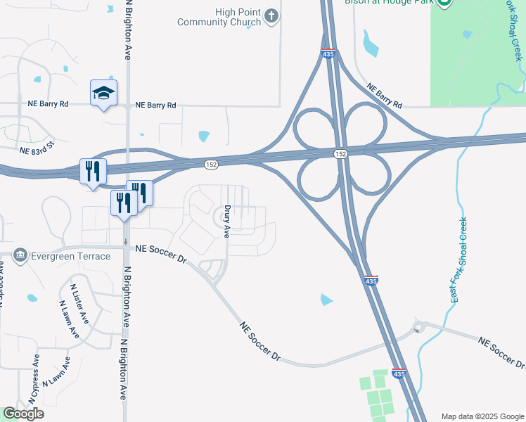 map of restaurants, bars, coffee shops, grocery stores, and more near 8121 Northeast 81st Terrace in Kansas City