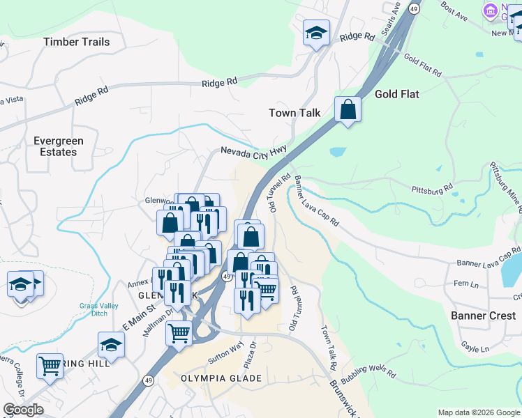 map of restaurants, bars, coffee shops, grocery stores, and more near 1317 Sutton Way in Grass Valley