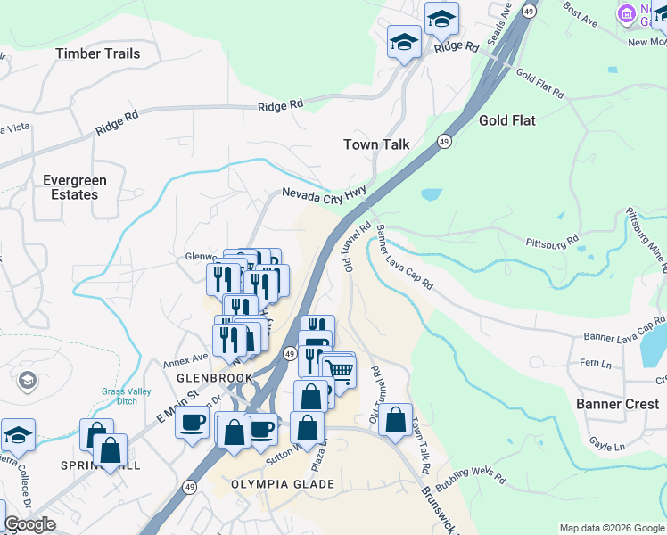 map of restaurants, bars, coffee shops, grocery stores, and more near 1317 Sutton Way in Grass Valley