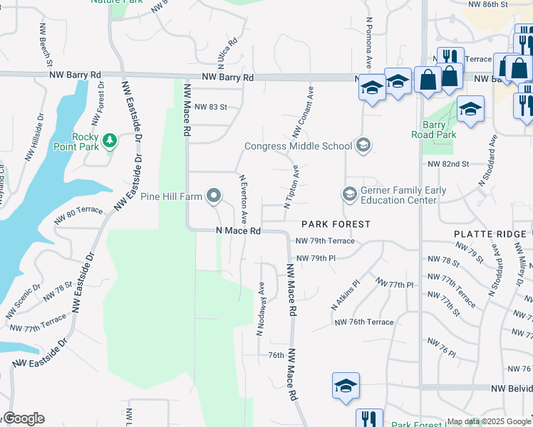 map of restaurants, bars, coffee shops, grocery stores, and more near 8205 Northwest 80th Street in Kansas City