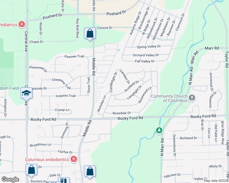 map of restaurants, bars, coffee shops, grocery stores, and more near 3671 Candlelight Drive in Columbus
