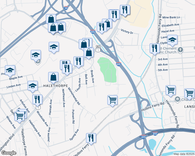 map of restaurants, bars, coffee shops, grocery stores, and more near 1937 Brady Avenue in Baltimore County