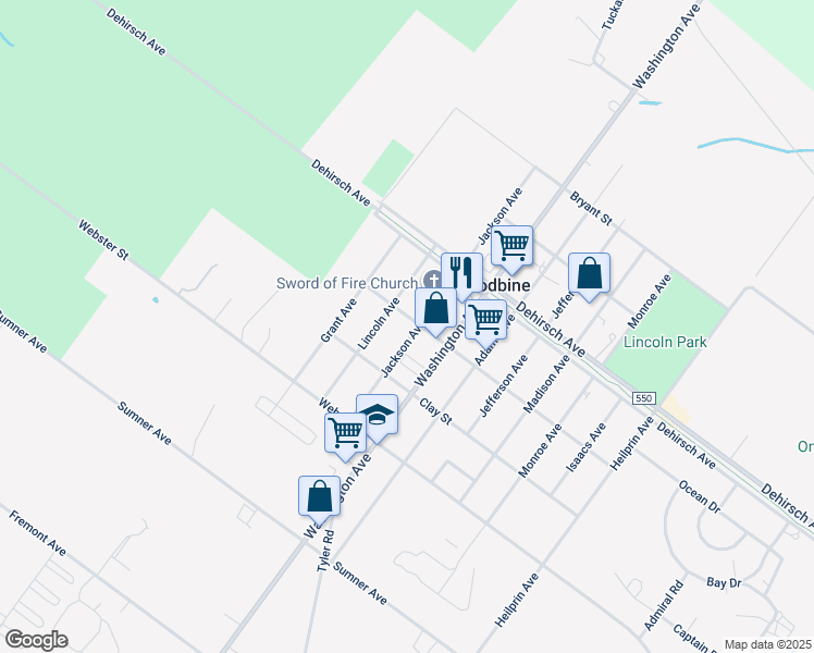 map of restaurants, bars, coffee shops, grocery stores, and more near 613 Jackson Avenue in Woodbine